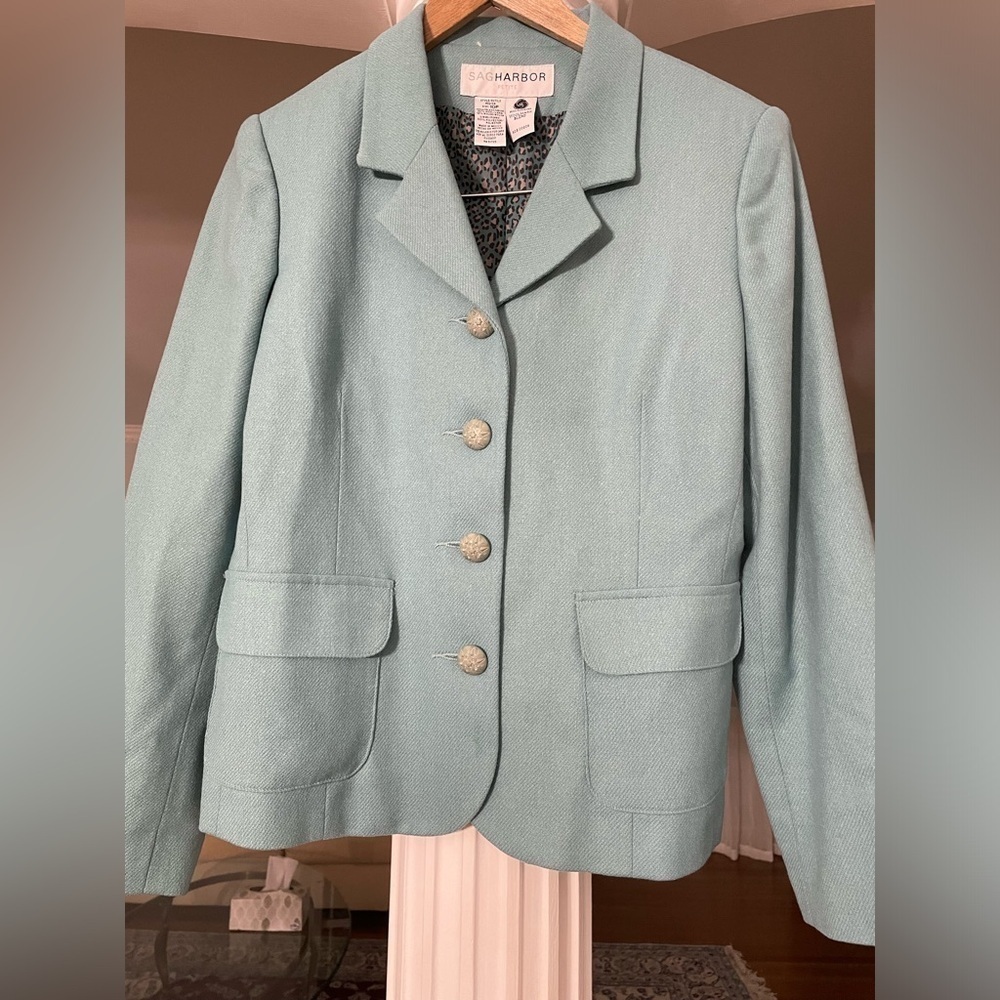 Sagharbor women’s 10 petite blue green 92% wool with satin liner Blazer